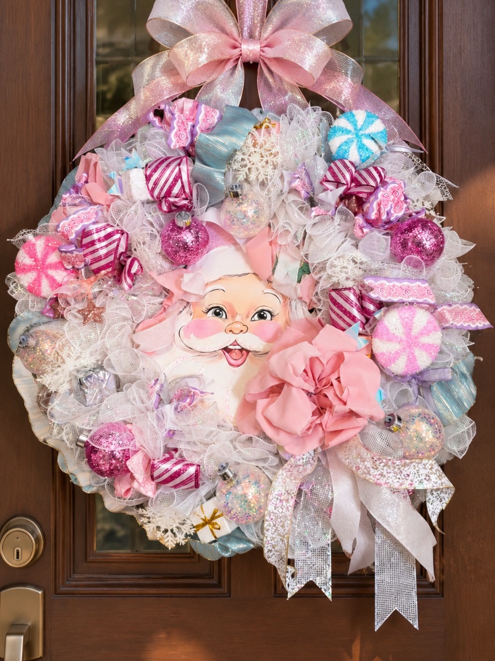 Pink Santa Christmas Wreath – Luxury Holiday Door Decor